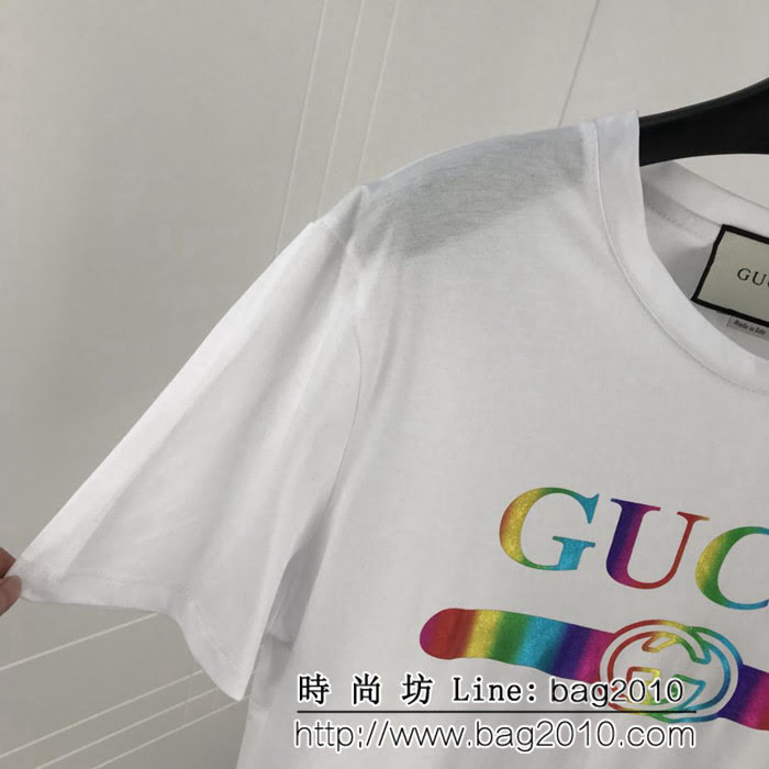 GUCCI古馳 19早春新款 漸變色logo印花 雙股絲光棉短袖 男女同款 ydi1605